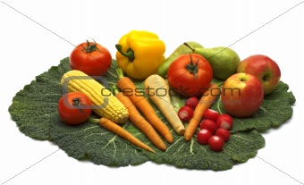fresh vegetables and two fruits on white background