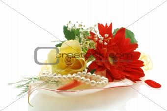 collection of flowers with a perls