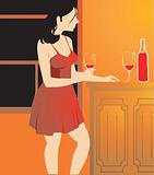 lady standing near a table with wine in hand
