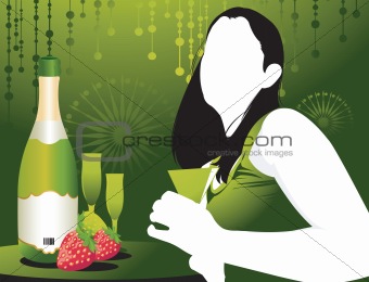 lady sitting in a restaurant with strawberry fruits in table