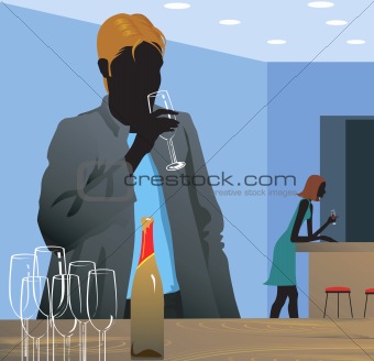 man standing alone in a party  with drink in hand