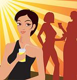 lady having drinks and silhouette of ladies on background