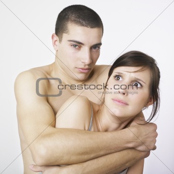 Man bear hug scared lady