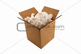 Isolated open cardboard box with packing peanuts