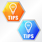 tips and bulb symbol, two colors hexagons web icons