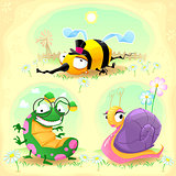 Two funny insects and one snail. with background.