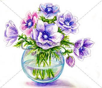 Spring flowers in vase, watercolor illustration