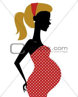 Retro pregnant woman in dotted dress isolated on white