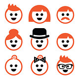People with ginger vector hair icons set