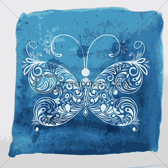 Vector white butterfly on watercolor blue background with blots 