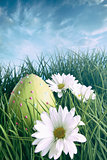 Easter egg on in grass with bright spring sky