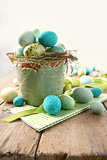 Speckled eggs in bowl for Easter