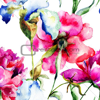 Seamless wallpaper with Peony and Iris flowers