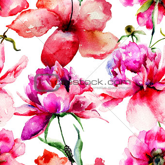 Seamless pattern with Lily and Peony flowers illustration