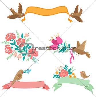 Banners with flowers and birds