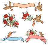 Hand drawn banners with flowers and birds