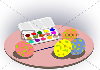 Paintbox and Easter eggs.