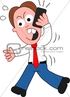 Cartoon Businessman Walking and Angry on Phone