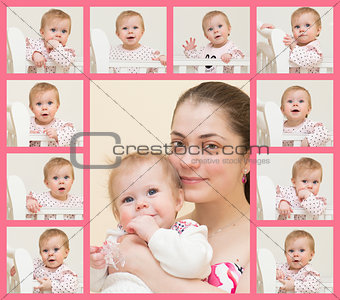 Portrait of young mother with the baby and 10 portraits of the b