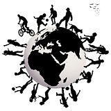 Happy children silhouettes playing over Earth globe