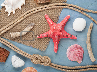 Seashells, ship rope and burlap