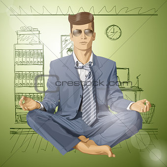 Vector Hipster Businessman in Lotus Pose Meditating