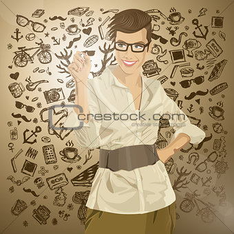Vector Hipster Business Woman Writing Something