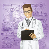 Vector Hipster Doctor Man With Clipboard