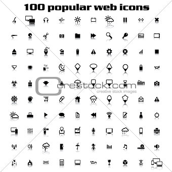 100 black and white popular web icons with reflection, eps 10