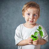 Portrait of funny little boy with window plants