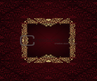 Vector greeting card with golden frame in vintge seamless patter