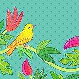 Bright yellow, orange little tropical forest bird and wild green