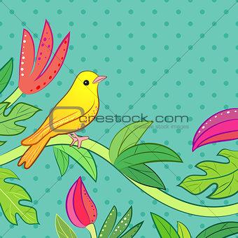 Bright yellow, orange little tropical forest bird and wild green