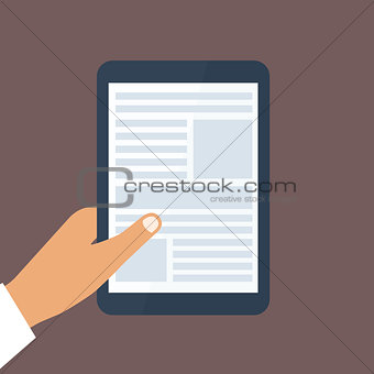 Human hand holds tablet pc with opened site page. Vector background