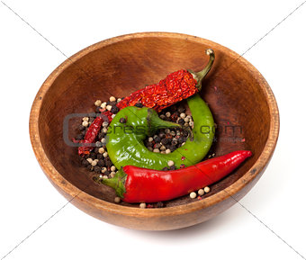Various of hot peppers in wooden plate
