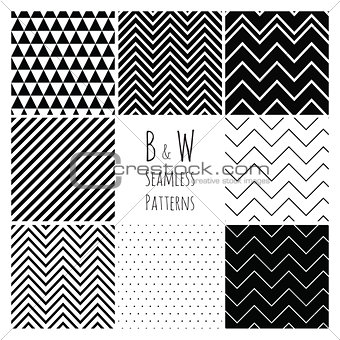 Seamless geometric hipster background set.  Black and White Seamless Patterns.