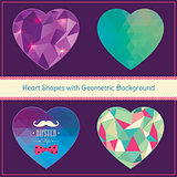 Heart Shapes with Geometric Grunge Background Set. Hipster Style. Vector Illustration