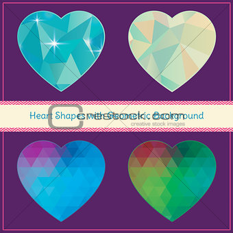 Heart Shapes with Geometric Grunge Background Set. Hipster Style. Vector Illustration
