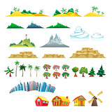 Set of trees, mountains, hills, islands and buildings.