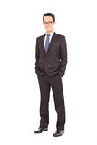 Full body portrait of young happy smiling cheerful businessman
