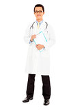 full length young smiling Doctor holding document