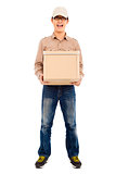 full of delivery man holding parcel and standing