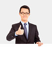businessman holding white board and thumb up