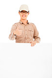 confident delivery man holding white board and thumb up