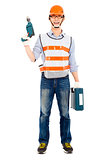 Male worker  holding  power drill and tool box 