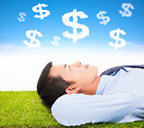 businessman  thinking money and goal on a meadow