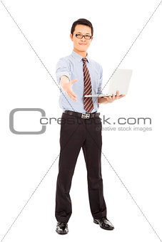 computer engineer is  standing and show a handshake 