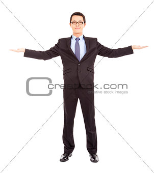smiling  businessman opening arms to welcome 