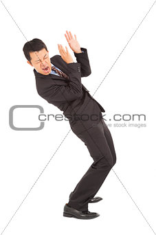 businessman scared  expression and bend down
