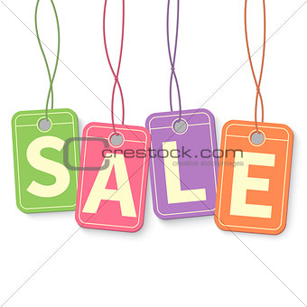 Sale tag on hanging multicolor labels isolated on white background